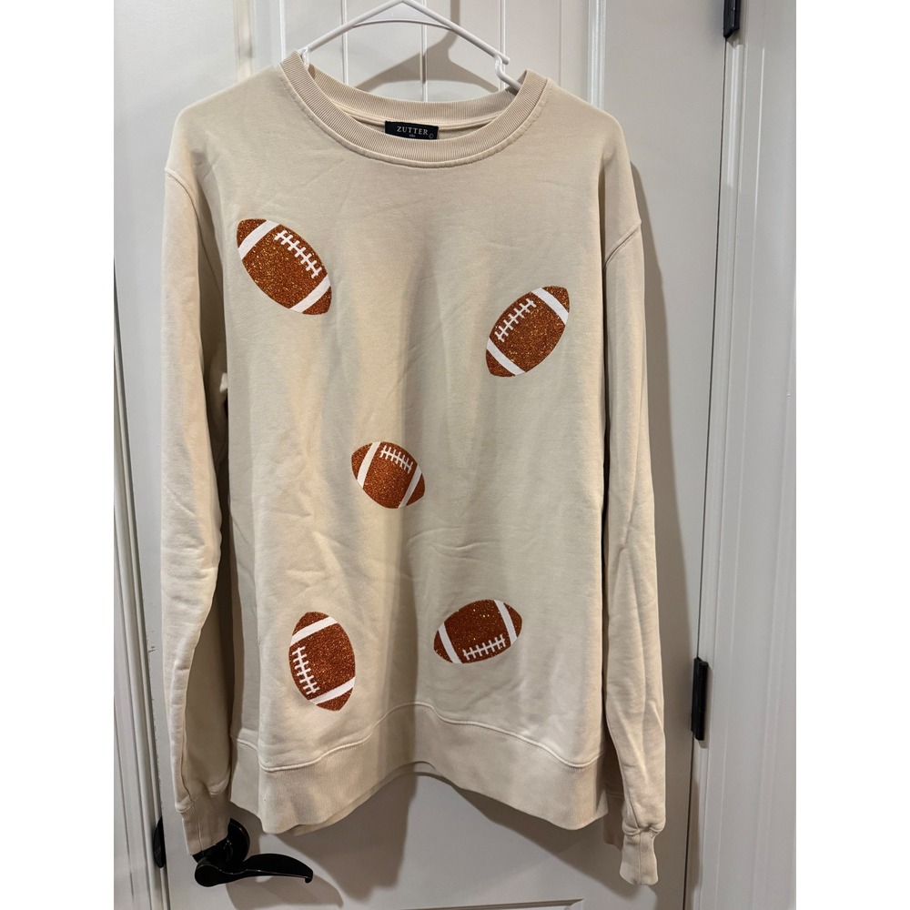 Zutter USA Womens Beige Glitter Football French Terry Sweatshirt K8911 L BNew